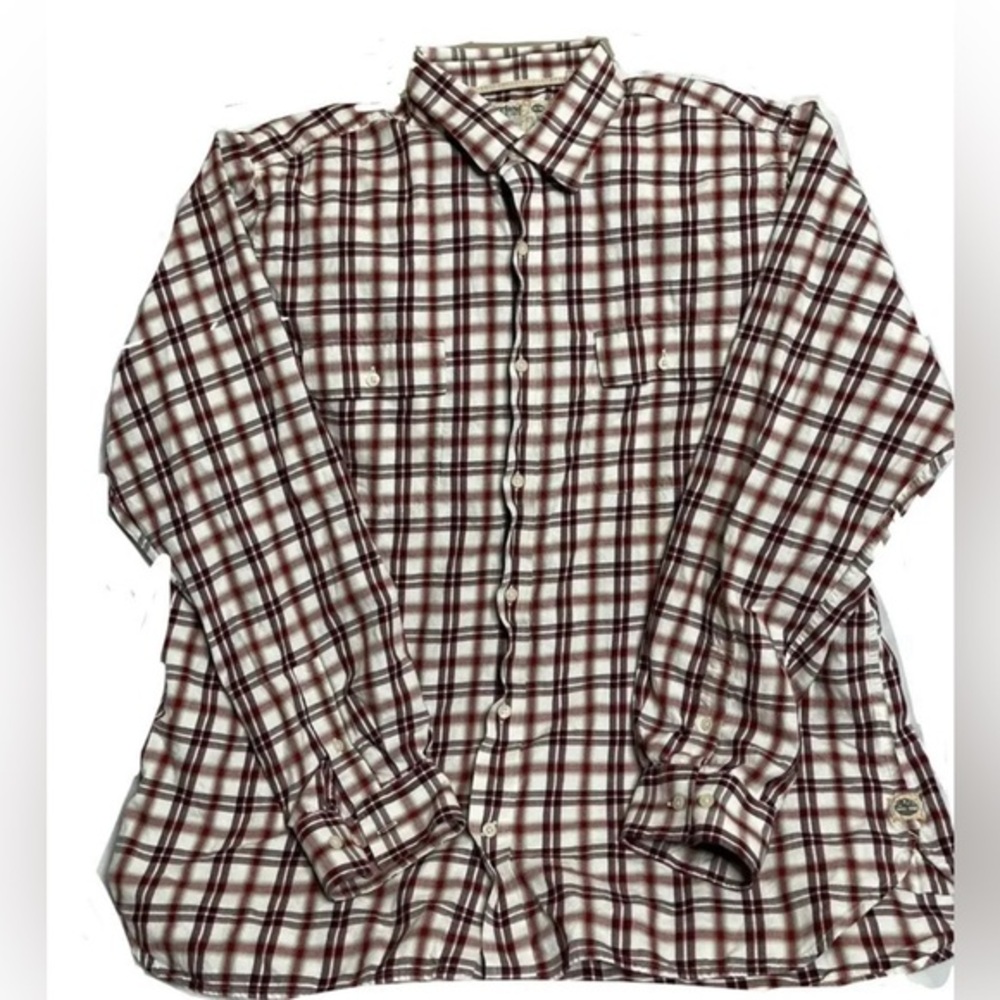 TIMBERLAND Plaid FLANNEL Long Sleeve Shirt Burgundy Red Gray Check Men Sz XXL